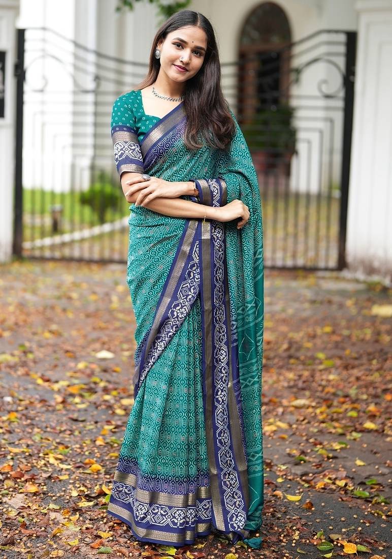 teal geometric print cotton silk ready to wear saree | pre draped party wear saree