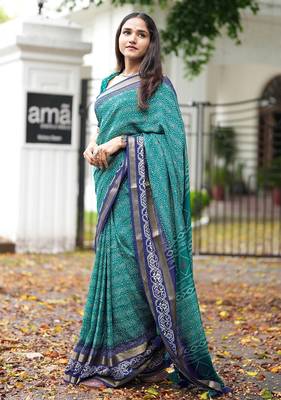 teal geometric print cotton silk ready to wear saree | pre draped party wear saree 3