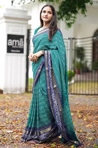 teal geometric print cotton silk ready to wear saree | pre draped party wear saree
