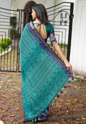 teal geometric print cotton silk ready to wear saree | pre draped party wear saree 4