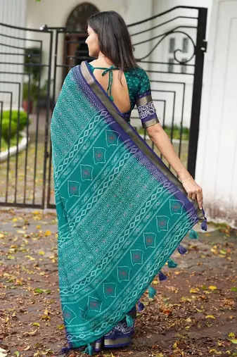 teal geometric print cotton silk ready to wear saree | pre draped party wear saree