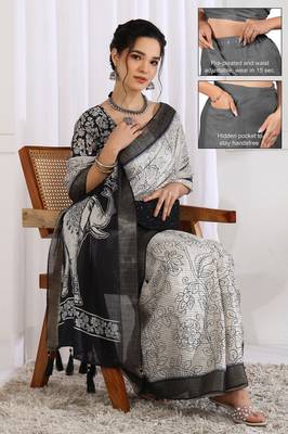 white floral print cotton blend ready to wear saree with pocket | pre draped party wear saree 2