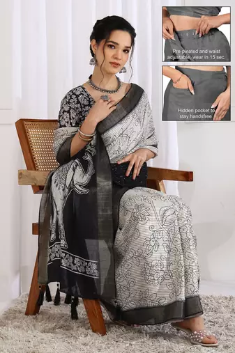 white floral print cotton blend ready to wear saree with pocket | pre draped party wear saree