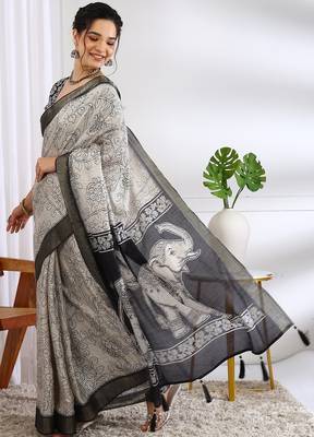 white floral print cotton blend ready to wear saree with pocket | pre draped party wear saree 1