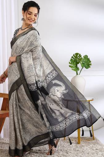 white floral print cotton blend ready to wear saree with pocket | pre draped party wear saree