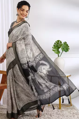white floral print cotton blend ready to wear saree with pocket | pre draped party wear saree
