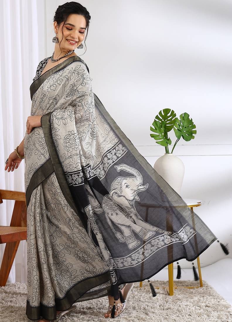 white floral print cotton blend ready to wear saree with pocket | pre draped party wear saree