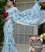 blue floral print silk blend ready to wear saree with pocket | pre draped party wear saree