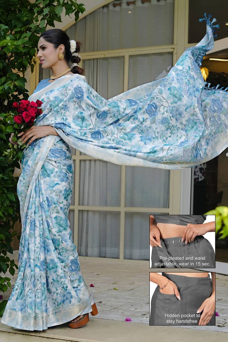 blue floral print silk blend ready to wear saree with pocket | pre draped party wear saree