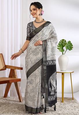 white floral print cotton blend ready to wear saree with pocket | pre draped party wear saree 3
