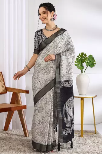 white floral print cotton blend ready to wear saree with pocket | pre draped party wear saree