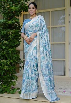 blue floral print silk blend ready to wear saree with pocket | pre draped party wear saree 2