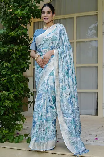 blue floral print silk blend ready to wear saree with pocket | pre draped party wear saree