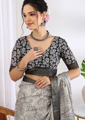 white floral print cotton blend ready to wear saree with pocket | pre draped party wear saree 4