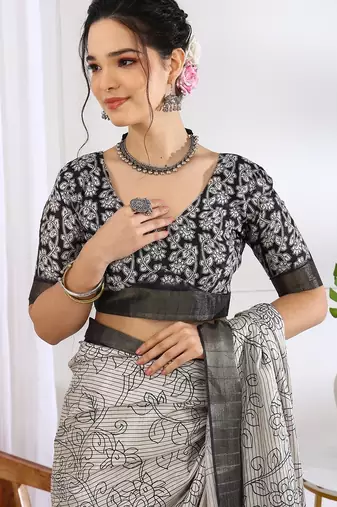 white floral print cotton blend ready to wear saree with pocket | pre draped party wear saree