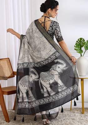 white floral print cotton blend ready to wear saree with pocket | pre draped party wear saree 5