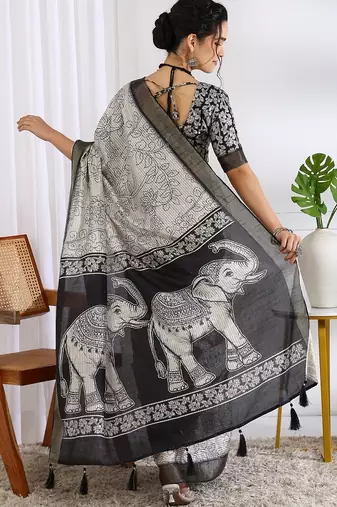 white floral print cotton blend ready to wear saree with pocket | pre draped party wear saree