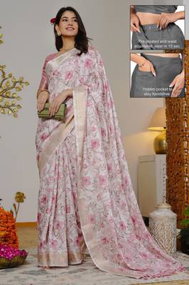 pink floral print silk blend ready to wear saree with pocket | pre draped party wear saree 1
