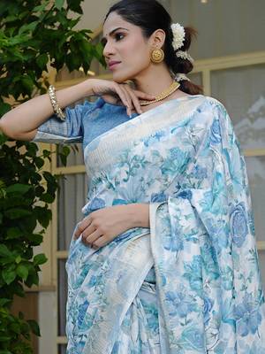 blue floral print silk blend ready to wear saree with pocket | pre draped party wear saree 4