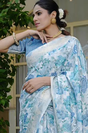 blue floral print silk blend ready to wear saree with pocket | pre draped party wear saree