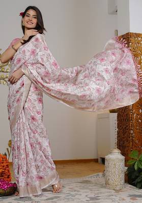 pink floral print silk blend ready to wear saree with pocket | pre draped party wear saree 2