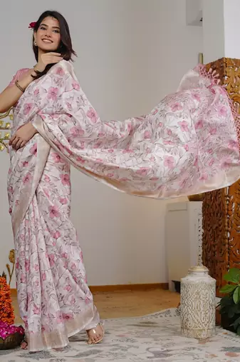 pink floral print silk blend ready to wear saree with pocket | pre draped party wear saree