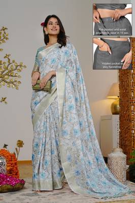grey floral print silk blend ready to wear saree with pocket | pre draped party wear saree 1