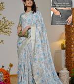 grey floral print silk blend ready to wear saree with pocket | pre draped party wear saree