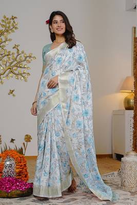 grey floral print silk blend ready to wear saree with pocket | pre draped party wear saree 3