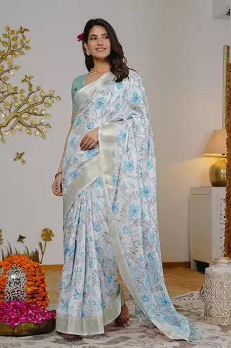 grey floral print silk blend ready to wear saree with pocket | pre draped party wear saree