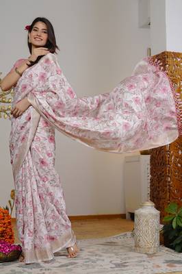 pink floral print silk blend ready to wear saree with pocket | pre draped party wear saree 5