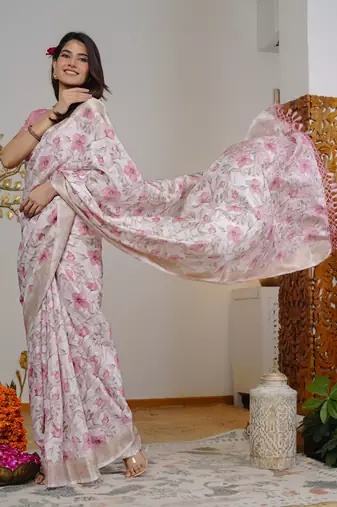 pink floral print silk blend ready to wear saree with pocket | pre draped party wear saree
