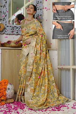 green floral print silk blend ready to wear saree with pocket | pre draped party wear saree 1