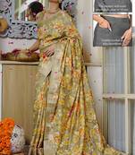 green floral print silk blend ready to wear saree with pocket | pre draped party wear saree