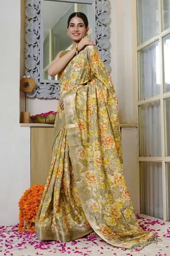 green floral print silk blend ready to wear saree with pocket | pre draped party wear saree