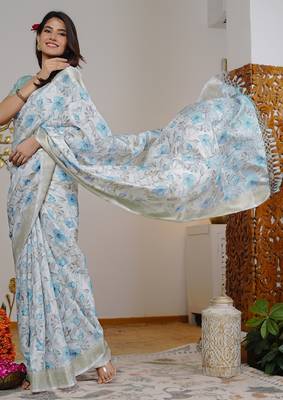 grey floral print silk blend ready to wear saree with pocket | pre draped party wear saree 5