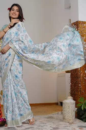 grey floral print silk blend ready to wear saree with pocket | pre draped party wear saree