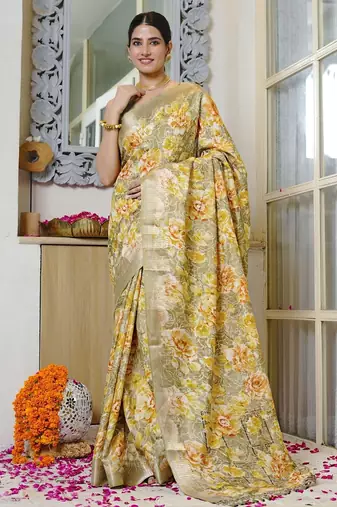 green floral print silk blend ready to wear saree with pocket | pre draped party wear saree