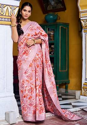 pink floral print silk blend ready to wear saree with pocket | pre draped party wear saree 1