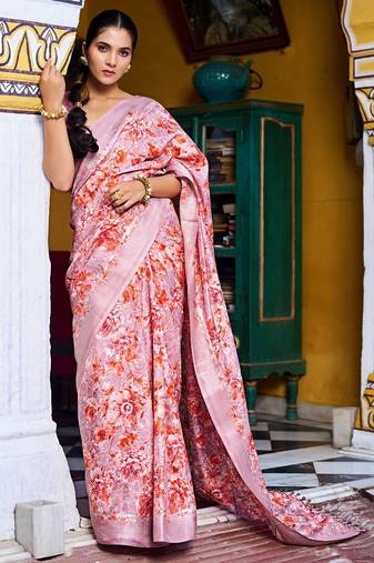 pink floral print silk blend ready to wear saree with pocket | pre draped party wear saree