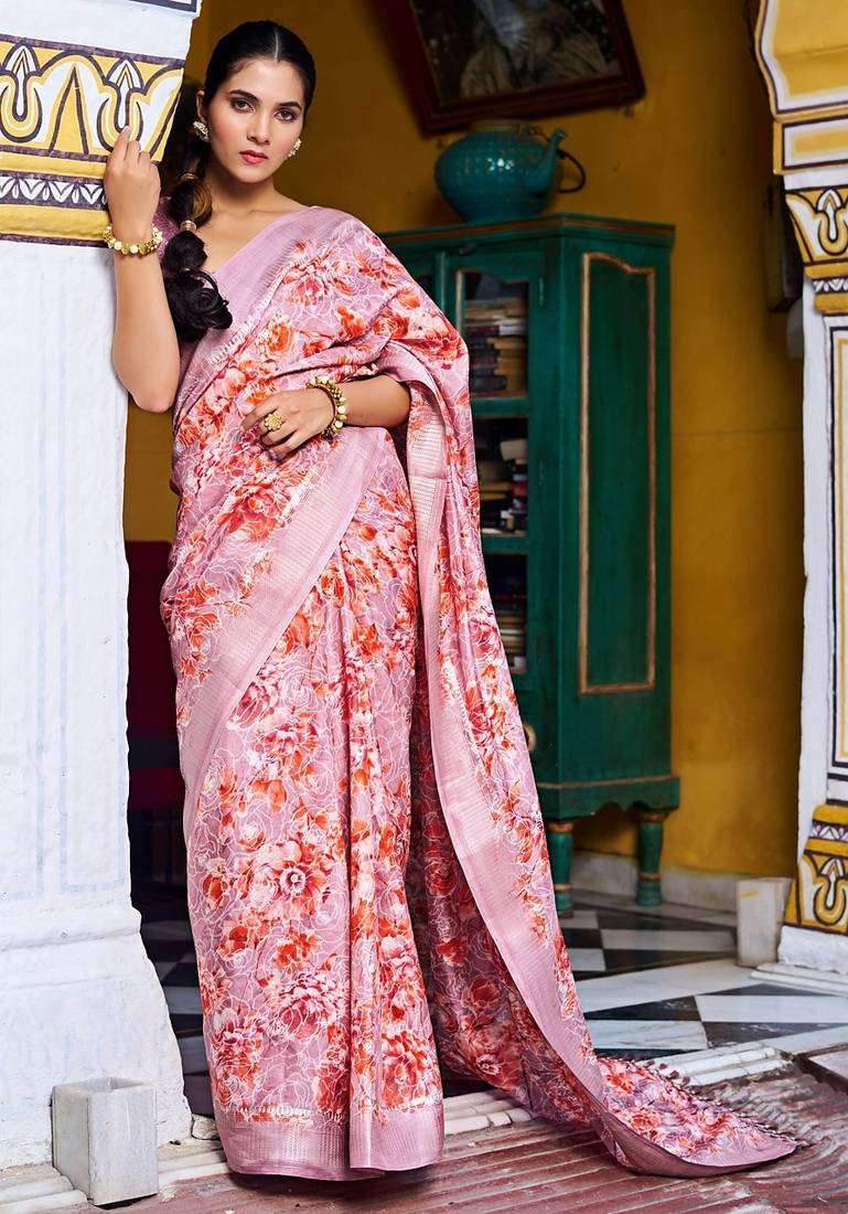 pink floral print silk blend ready to wear saree with pocket | pre draped party wear saree