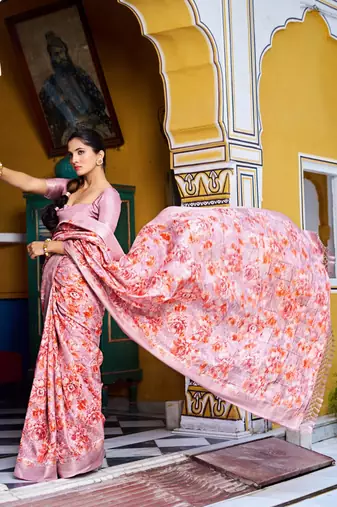 pink floral print silk blend ready to wear saree with pocket | pre draped party wear saree
