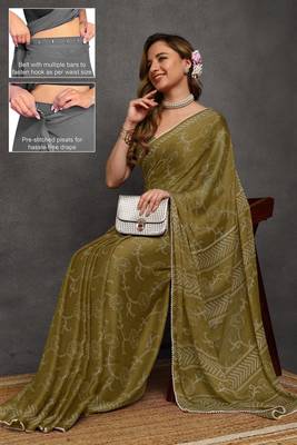 green floral print chiffon ready to wear saree | pre draped party wear saree 2
