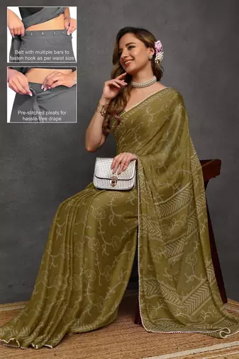 green floral print chiffon ready to wear saree | pre draped party wear saree
