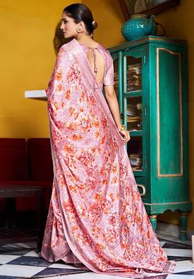 pink floral print silk blend ready to wear saree with pocket | pre draped party wear saree 4