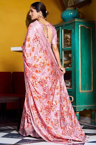 pink floral print silk blend ready to wear saree with pocket | pre draped party wear saree