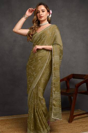 green floral print chiffon ready to wear saree | pre draped party wear saree