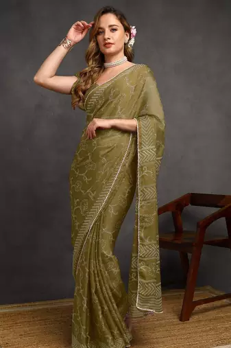green floral print chiffon ready to wear saree | pre draped party wear saree