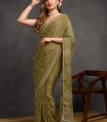 green floral print chiffon ready to wear saree | pre draped party wear saree