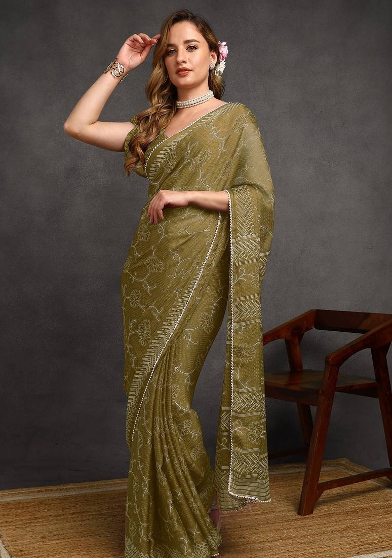green floral print chiffon ready to wear saree | pre draped party wear saree
